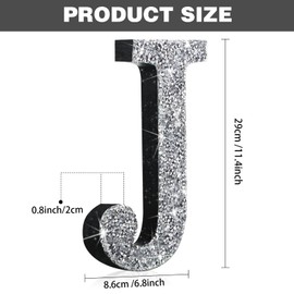 Qunclay Silver Crystal Diamond Bling Letters Crushed Diamond Decoration Wooden Glitter Letter with Screw and Hooks Rhinestone Gift for Valentine Y2k Mcbling Bedroom Wall Decor(Letter J,12''l X 12"w)