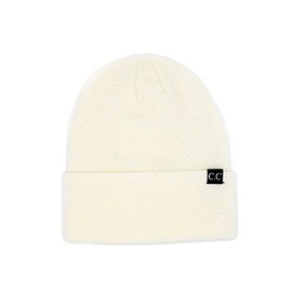 C.C Unisex Plain Cuff Skull Cap Winter Knit Beanie Hat, Black Label White