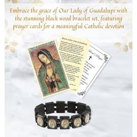 Virgin Mary Bracelet with Our Lady Of Guadalupe Prayer Card, The Lord's Prayer | Black Wood Our Lady Of Guadalupe Bracelet with Catholic Prayer Cards | Virgen De Guadalupe Bracelet Set of 3 Items