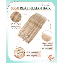 Benehair Clip in Hair Extensions Real Human Hair 12inch Double Weft Golden Brown Mixed Bleach Blonde Hair Extensions Clip in Human Hair Lace Weft Straight Hair Extensions Clip ins 7pcs 90g #12P613