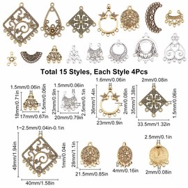SUNNYCLUE 1 Box 60Pcs 15 Style Tibetan Chandelier Charms Alloy Chandelier Components Links Filigree Flower Linking Charms Teardrop Connector Round Charm for Jewelry Making Charms DIY Supplies Adult