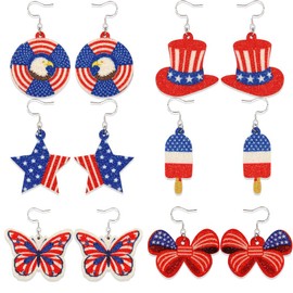 4th of July Earrings Set - 6 Pairs Patriotic Glitter Felt Earrings with Stars, Eagle Emblem, Bow, Hat for Independence Day (Red White Blue)
