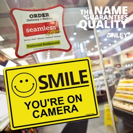 ANLEY Smile You're on Camera Sign 7 X 10 In - 40 Mil Thick Rust-Free Weatherproof Aluminum - Video Surveillance Security Metal Warning Sign for Home, Business, Indoor/Outdoor Use (2 Pack)