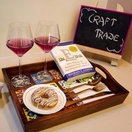 Craft Trade Mango Wood Serving Tray with Handle and 4 Fitted Floral Ceramic Tiles Wooden Platters Perfect for Breakfast Tea Coffee Snacks Dinner 23x23x8 cm Square