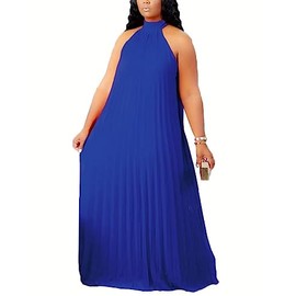 Aro Lora Womens Casual Sleeveless Plus Size Chiffon Halter Neck Pleated Loose Long Maxi Dress 3X-Large Blue