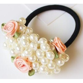2PCS Beaded Flower Pearl Hair Band Hair Accessories Women Satin Ribbon Rose Flower Imitation Pearl Ponytail Hair Band