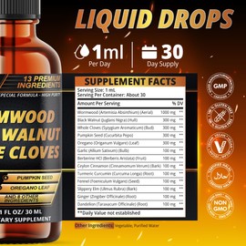 13in1 Wormwood Liquid Drops - Immune Support & Digestive with Black Walnut, Cloves, Berberine, Turmeric, Ginger, Ceylon Cinnamon, Oregano, Garlic & More - 1ml/30ml - 1 Month Supply