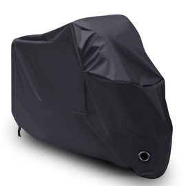 ANFTOP 210D Heavy Duty Black Motorcycle Cover Waterproof Motorbike Dust Rain Cover Indoor Outdoor Protection with Elasticated Hems,Safety Buckle,4CM Big Lock-holes