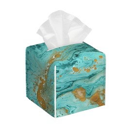 WCMYII Tissue Box Cover Green Gold Marble Modern PU Leather Square Tissue Box Holder - Decorative Holder/Organizer for Bathroom Vanity Countertop, Night Stands, Office Desk & Car 5""X5""X5""