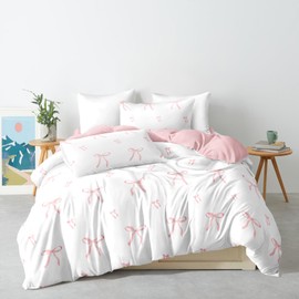 Herside Pink Stripe Bow Bedding Set Double Size 3PCS Cute White Duvet Cover Set Pink Bowknot Bedding Quilt Cover Soft Microfibre Quilt Cover All Season Bedding Set for Girls Adult