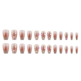 Hkanlre Coffin Press on Nails Gradient Cat Eyes Fake Jelly Nails Tips Full Cover Bling False Medium Nails for Women and Girls 24PCS