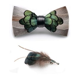 RBOCOTT Handmade Feather Pre-tied Bow tie and Brooch Sets for Men (33)