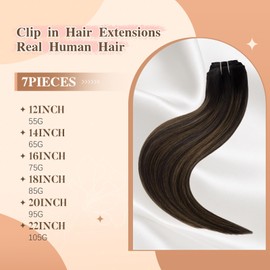 FUBILI Clip in Hair Extensions Balayage Natural Black to Chestnut Brown 12 Inch 55g 7pcs Real Human Hair Extensions Remy Hair For Women Natural Straight