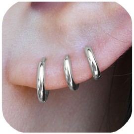 925 Sterling Silver Small Silver Hoop Earrings for Women Men, White Gold Plated Huggie Hoop Earrings, Cartilage, Helix, Tragus, Earlobe Tiny hoops Lightweight Hypoallergenic Earrings (1 Pair- 8mm)