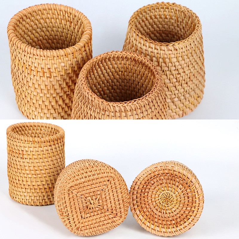 Hand Woven Rattan Pen Holder Cups Wicker Makeup Brush Storage