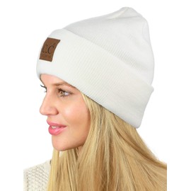 C.C Unisex Plain Cuff Skull Cap Winter Knit Beanie Hat, Ivory