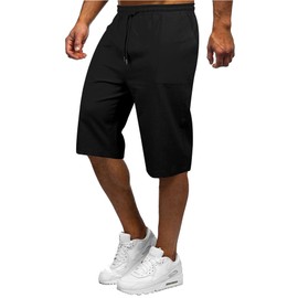 YAOBAOLE Men's Linen Shorts Elastic Waist Summer Beach Lightweight with Pocket Black 3XL
