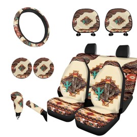 Horeset Ethnic Western Aztec Cactus 11 Pieces Auto Seat Covers with Headrest Cover+Cup Coasters+Handbrake Cover+Gear Shift Caover+Seat Belt Cushion Pad Auto Accessories Protector