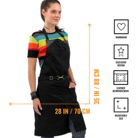 Under NY Sky No-Tie Deep Black Apron - Durable Twill with Leather Reinforcement and Split-Leg - Adjustable for Men and Women - Pro Barber, Tattoo, Barista, Bartender, Baker, Hair Stylist, Server Apron
