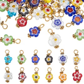 HOBBIESAY 40Pcs Lampwork Charms Millefiori Lampwork Charms Glass Lampwork Charms Flat Round Floral Charms Colorful Spacer Loose Dangle Charms for Jewelry Making Decorations Hole:2.5mm