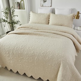 Brandream Full Size Quilt Set Cotton Beige Quilts Luxury Farmhouse Matelasse Coverlet Lightweight Scalloped Quilt Sets 3-Piece