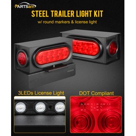 PARTSam LED Steel Trailer Light Box Housing Kit w/ 6 Inch Oval Red Trailer Tail Lights 10LED 2" Round Red Side Marker Lights 4LED, License Plate Light 3LED Bracket Grommets Wire Pigtails DOT Compliant