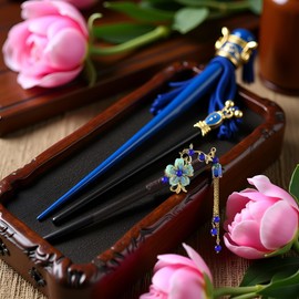 Blue Chinese Japanese Hairs Stick Retro Wooden Hairpin Flower Hairs Chopsticks Vintage Tassel Hair Stick Wedding Party Hair Stick Hanfu Hairpins,Hair Accessories