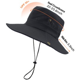 Men's Sun Hat Summer Outdoor UV Protection Mesh Wide Brim Bucket Hats Waterproof Packable Boonie Safari Fishing Cap for Hunting Hiking Camping Gardening Beach Black