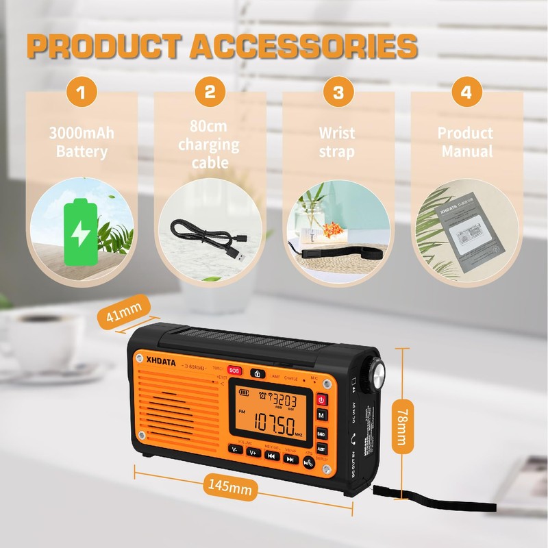 XHDATA D-608WB Portable Emergency Crank FM AM(MW) SW Radio with