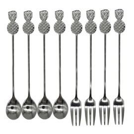 Pinenjoy 8Pcs Pineapple Spoon Forks 5.6inch Silver 18/10(304) Stainless Steel Teaspoon and Fruit Fork Set for Coffee Tea Dessert Ice Cream Salad Appetizer