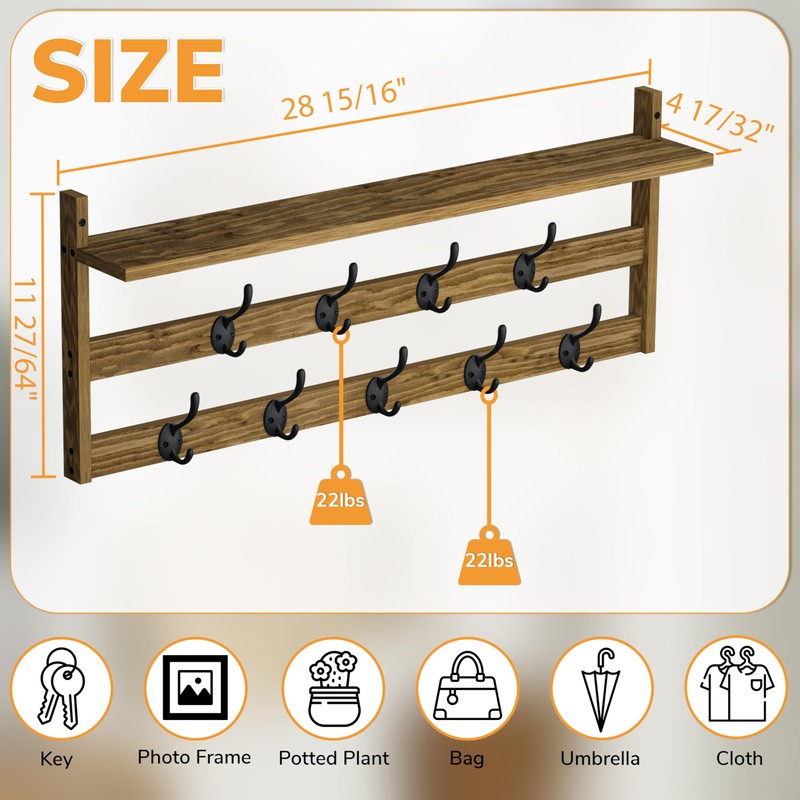 AMBIRD Coat Rack Wall Mount with Shelf, 29" Coat Hooks