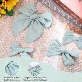 4 Pcs Green Hair Bow, Cotton Linen Hair Bows, Girls Bows for Hair, Toddler Hair Bows for Girls Hair Accessories, Alligator Clips Knot Hair Bows for Girls, Light Green Bow, 3 Styles & 3 Sizes