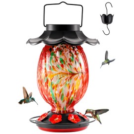 HouseSapp Comedero solar para colibríes – 49 onzas líquidas de vidrio soplado a mano que cambia de color – 7 puertos de alimentación con percha – nunca se fuga – Comedero perfecto para colibríes