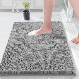 COMPOLICY Light Grey Bath Mat, Super Absorbent Bathroom Mat, Machine Washable Non, Slip Anti Mould, Shower Mats with 40 x 60CM, 1'' Chenille Microfiber Material for Bath Kitchen Living Room Door Mats
