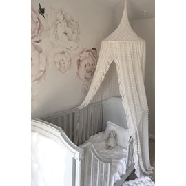 Wonder Space Elegant Kids Bed Canopy - Lace Chiffon Netting with Pom Pom, Princess Girls Fairy Dream Tent, Nursery Room Baby Crib Hanging Curtain Mosquito Net Children Reading Nook Decoration (White)