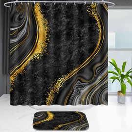 Poedist 4 Pcs Shower Curtain Set,Black Marble Bathroom Set, Shower Curtain Sets with Rugs(Bath Mat,U Shape and Toilet Lid Cover Mat) and 12 Hooks