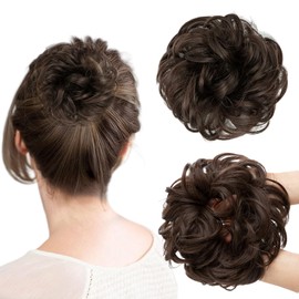 Messy Bun Hair Piece for Women, Curly Wavy Hair Bun Extensions, Synthetic Tousled Updo Clip On Hairpieces, Messy Bun with Claw Clip for Ponytail or Fake Hair Bun for Women Girls (Dark Brown)