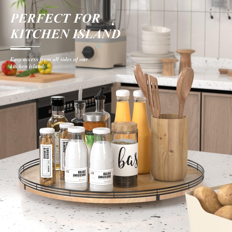 24" Lazy Susan Oak Wood Turntable Organizer for Cabinet, Farmhouse