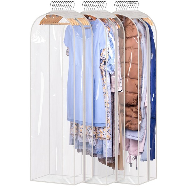 Sleeping Lamb 10" Gusseted Dress Garment Bags 60" Clear Hanging Clothes Storage Long Gown Bags for Closet Storage Clothes Cover for Coats, Jackets (3 Packs)