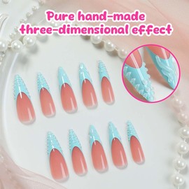 Long Press On Nails Green French Tip Fake Nails Stiletto False Nails With 3D Wave Design Artificial Glossy Glue On Nails Full Cover Acrylic Almond Stick On Nails For Women 24pcs