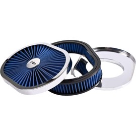 12"x2" Oval Air Cleaner Filter Assembly 5-1/8" Carb Neck w/Flow-Thru for Caburetor Lid High Flow Chrome Compatible With GMC Chevy Ford Chryler Dodge (Blue)