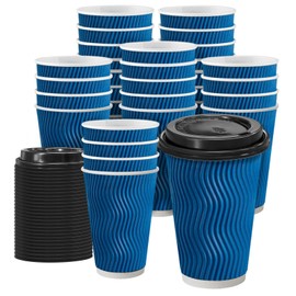 Clawsoff 100 Pack Coffee Cups with Lids 16 oz, Disposable Insulated Ripple Wall To Go Paper Coffee Cups for Hot/Cold Drinks Office Home Shop Event (Navy)