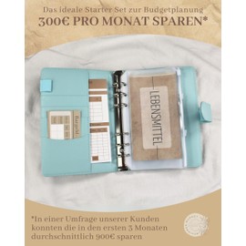 BeginnerBudget® Budget Planner German - Starter Set with Economy Challenge Budget Planner - Save with Envelope Method + Instructions - Ring Binder - Binder A6 Smooth Leather Style (Light Blue)