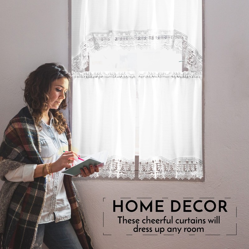 Café Curtains for Kitchen, Bathroom Curtains with Valance, Embroidered Lace