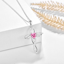 TANGPOET Angel Wings Necklace for Women 925 Sterling Silver Guardian Angel Pendant, Heart Cross Birthstone Chain, Birthday Jewellery Gifts for Her, Sterling Silver