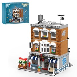 Bloques de construcción vintage de la ferretería americana, vista de calle modular de 3 pisos con carrito de perros calientes y 7 figuras, kit de cons
