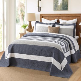 DUOHONG 120"x102" Oversized Bedspread - 100% Cotton, Striped Pattern Oversized Queen Extra Wide Extra Large Quilt, XL Bed Spread Lightweight Comforter, 3pcs, Grayish-Blue/Gray/White