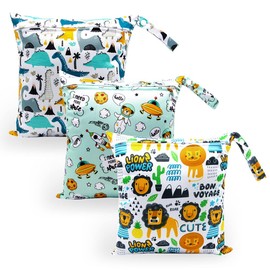 HOTLIKE Wet Bag, Wet Bag, Pack of 3 Nappy Bag, Changing Bag, Wet Bags, Reusable Organiser Bag, Washable with Zip for Baby, Toddler, Travel, Gym, Green, Wetbag