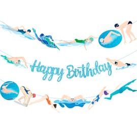 Swimming Happy Birthday Banner Glitter Blue Swimmer Birthday Decoration Banner Swimming Birthday Party Decoration Swim Theme Party Banner for Summer Pool Party Supplies