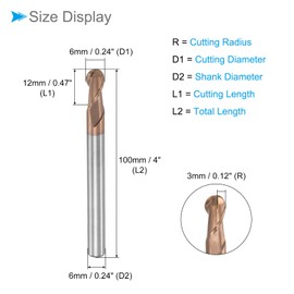 CoCud Ball End Mill 3mm Radius 6mm Shank 100mm Length AlTiN Coated M30 Tungsten Carbide 2 Flute Milling Cutter Bits for Stainless Steel Hardened Steel